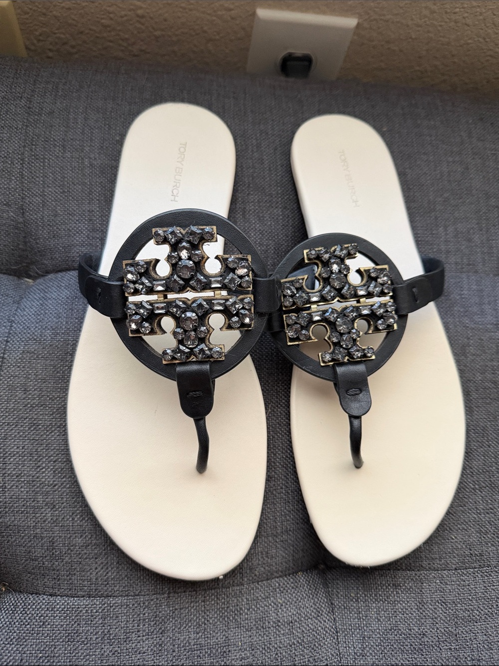 Tory Burch Black Jeweled Logo Thong Sandals with Cream Footbed - Picture 2 of 7